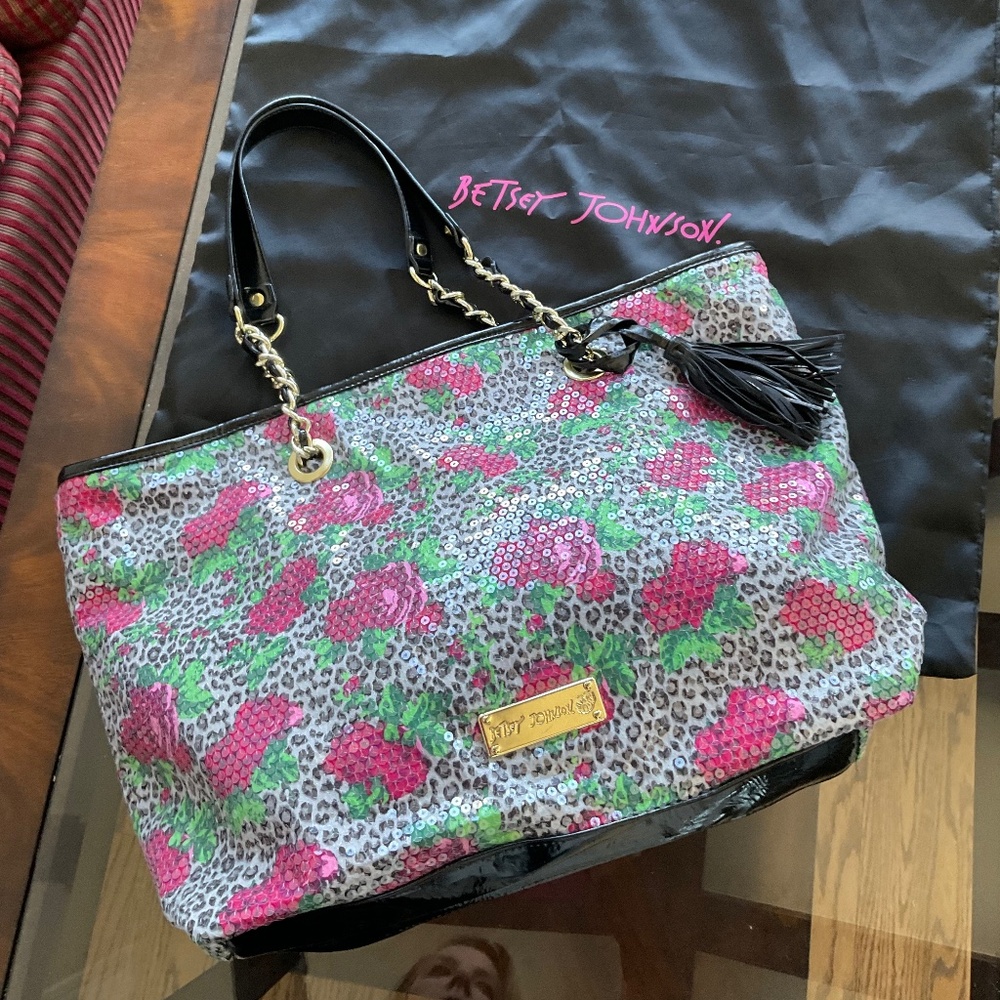 Betsey Johnson sequin animal print floral tote bag new